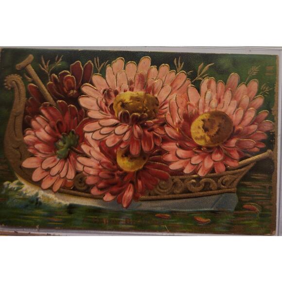 Lot Of Four Vintage Antique Embossed Postcards Flowers Birthday Boats - Picture 2 of 9
